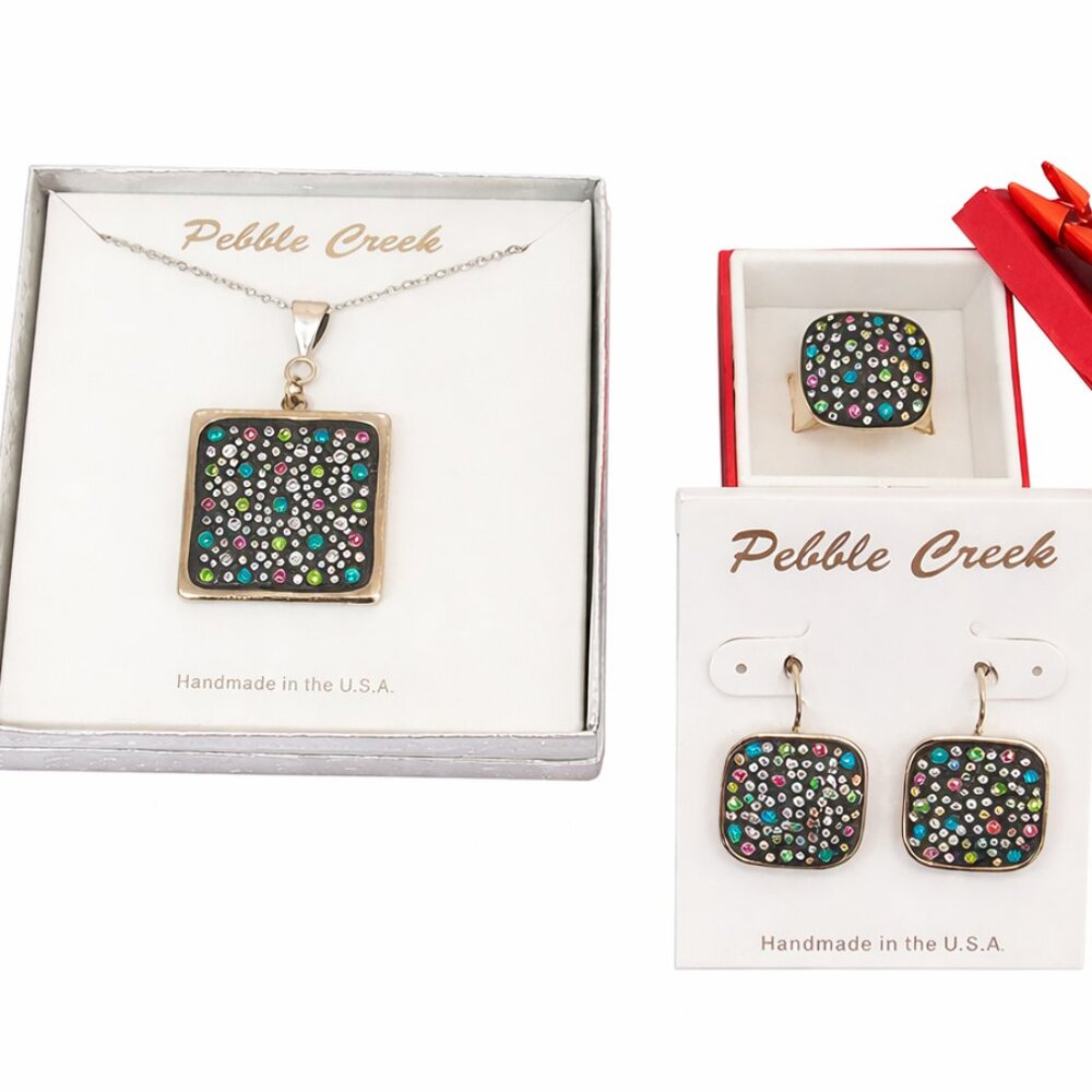 Handcrafted Swarovski Multi Color Crystal & Clay Square Pendant Set
